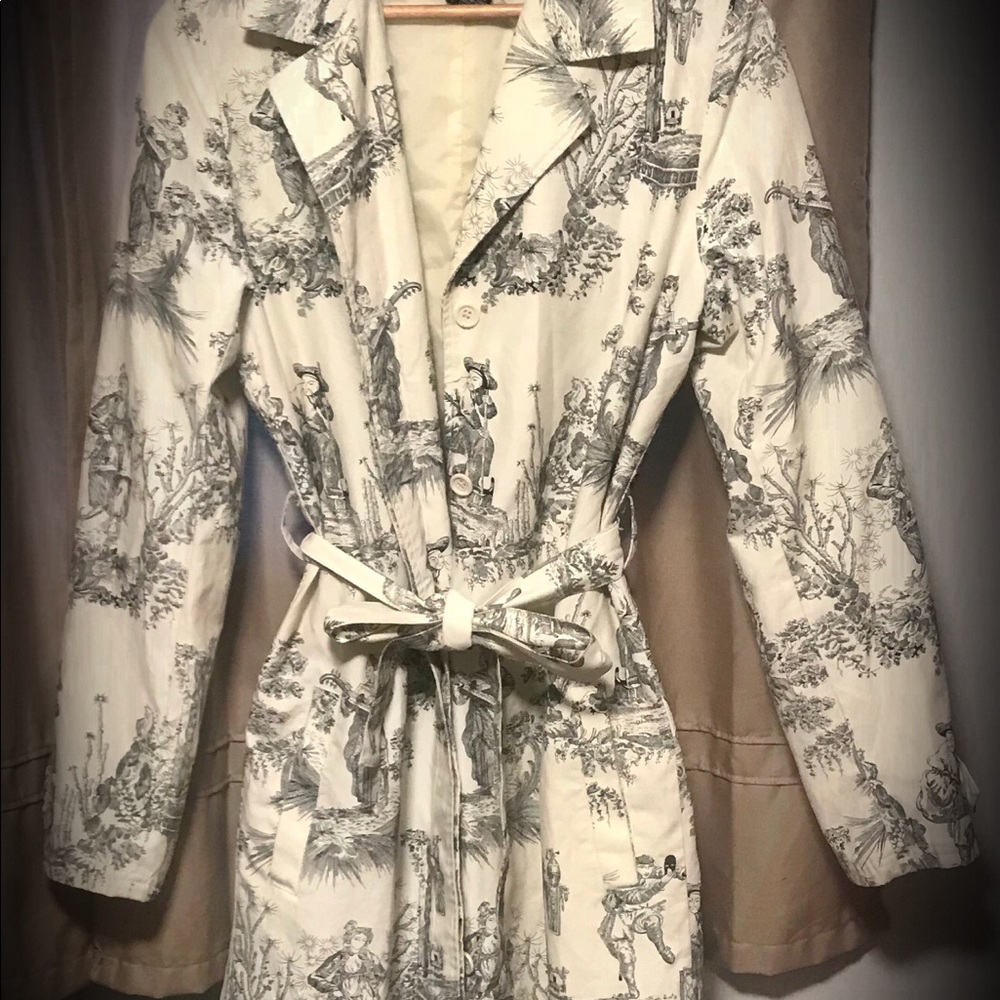 French toile belted trench coat ivory and black